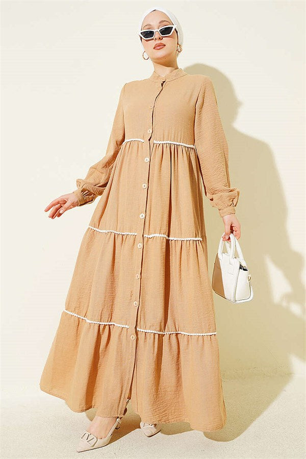 Full-Length Buttoned Dress with Pom-Poms, Camel