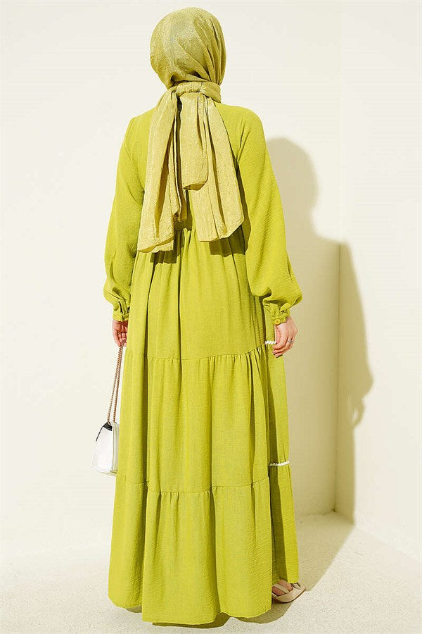 Full-Length Buttoned Dress with Pom-Poms, Pistachio Green