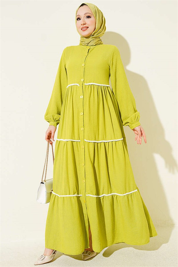 Full-Length Buttoned Dress with Pom-Poms, Pistachio Green