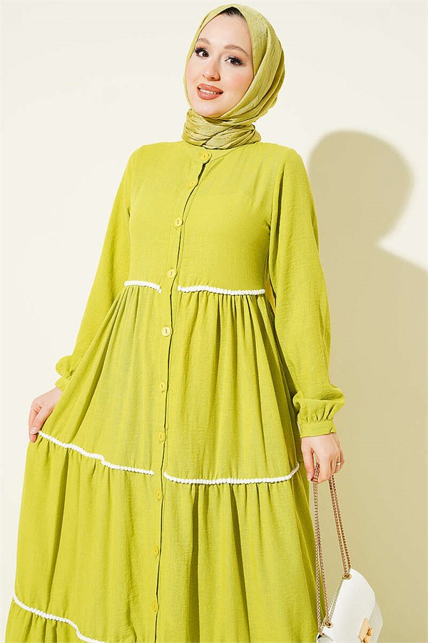 Full-Length Buttoned Dress with Pom-Poms, Pistachio Green