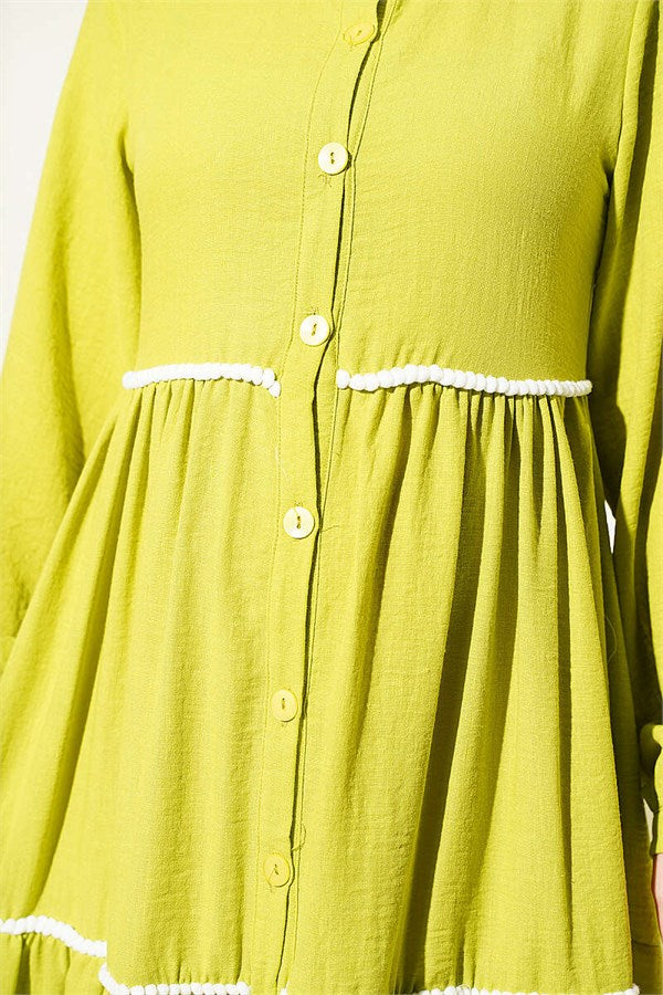 Full-Length Buttoned Dress with Pom-Poms, Pistachio Green