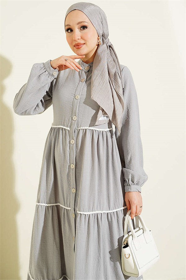 Grey Button-Down Dress with Pom-Poms