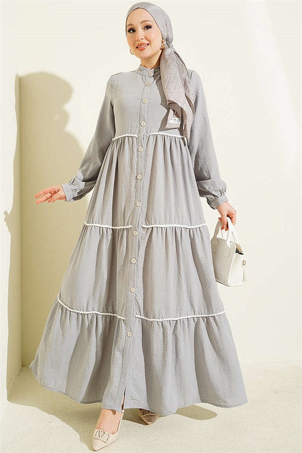 Grey Button-Down Dress with Pom-Poms