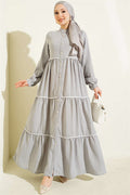 Grey Button-Down Dress with Pom-Poms