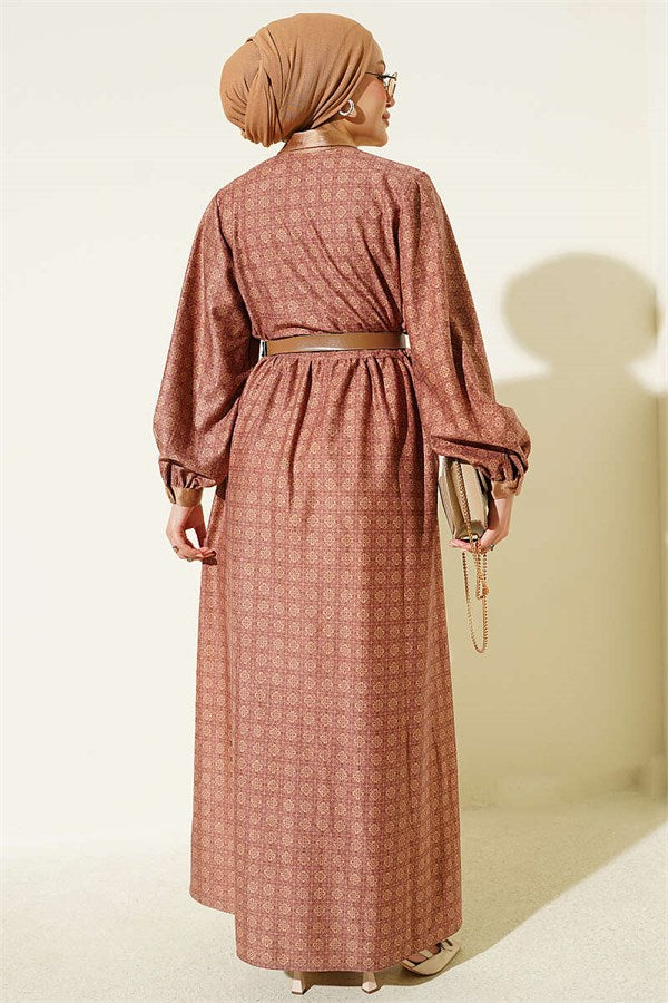 Full-Length Buttoned Retro Patterned Dress in Rose Pink