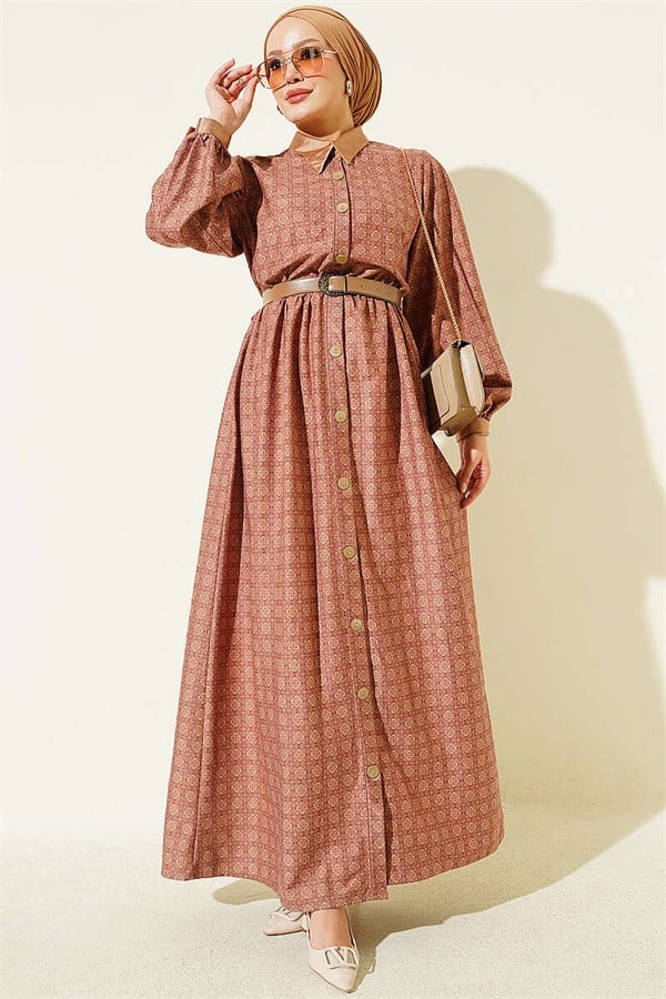 Full-Length Buttoned Retro Patterned Dress in Rose Pink
