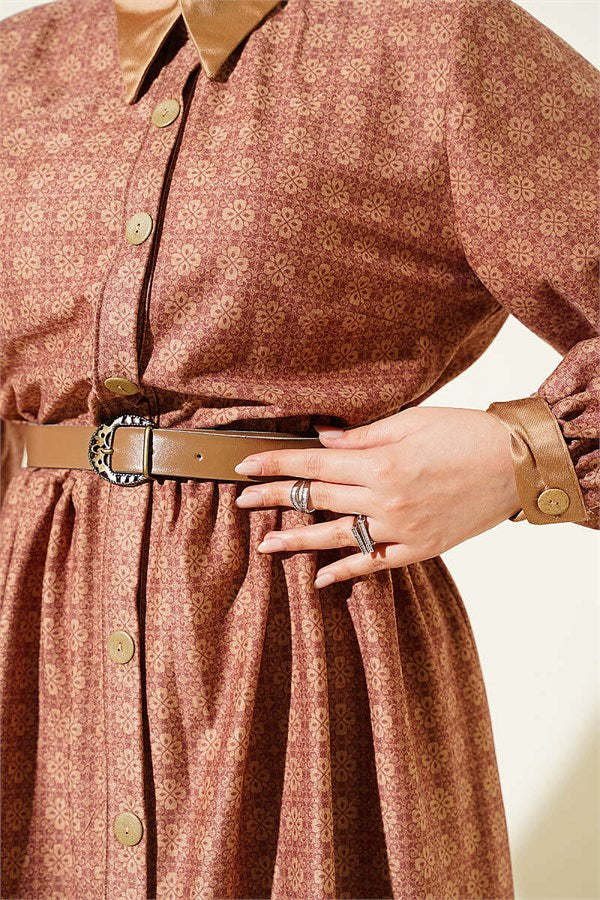Full-Length Buttoned Retro Patterned Dress in Rose Pink
