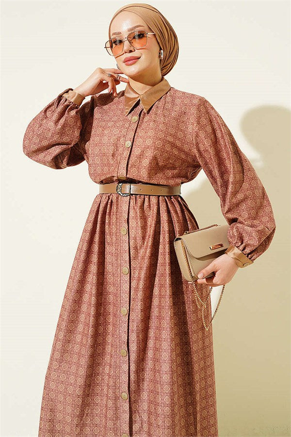 Full-Length Buttoned Retro Patterned Dress in Rose Pink