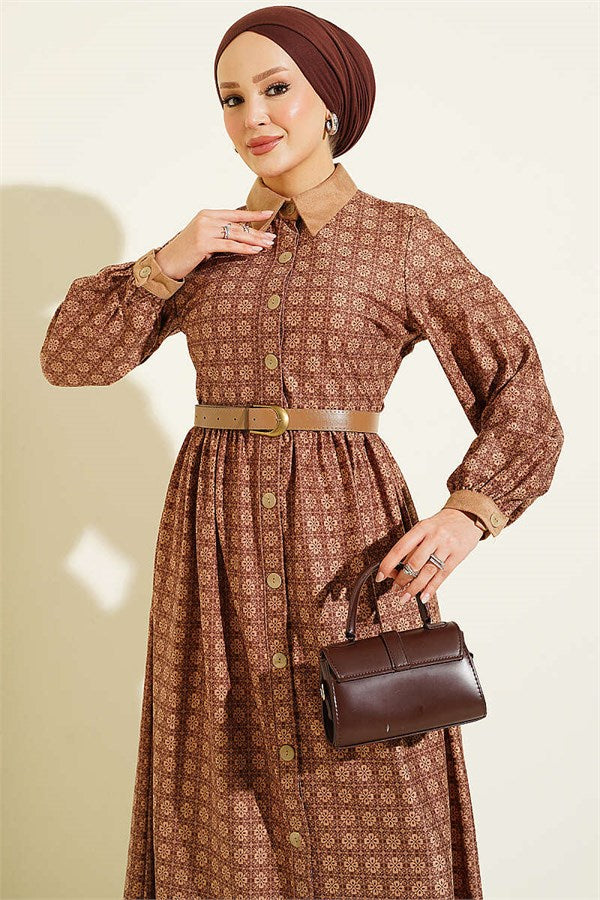 Full-Length Buttoned Retro Patterned Dress Latte