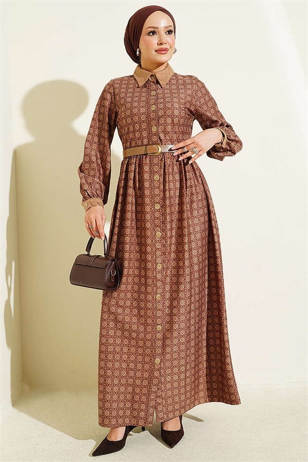 Full-Length Buttoned Retro Patterned Dress Latte