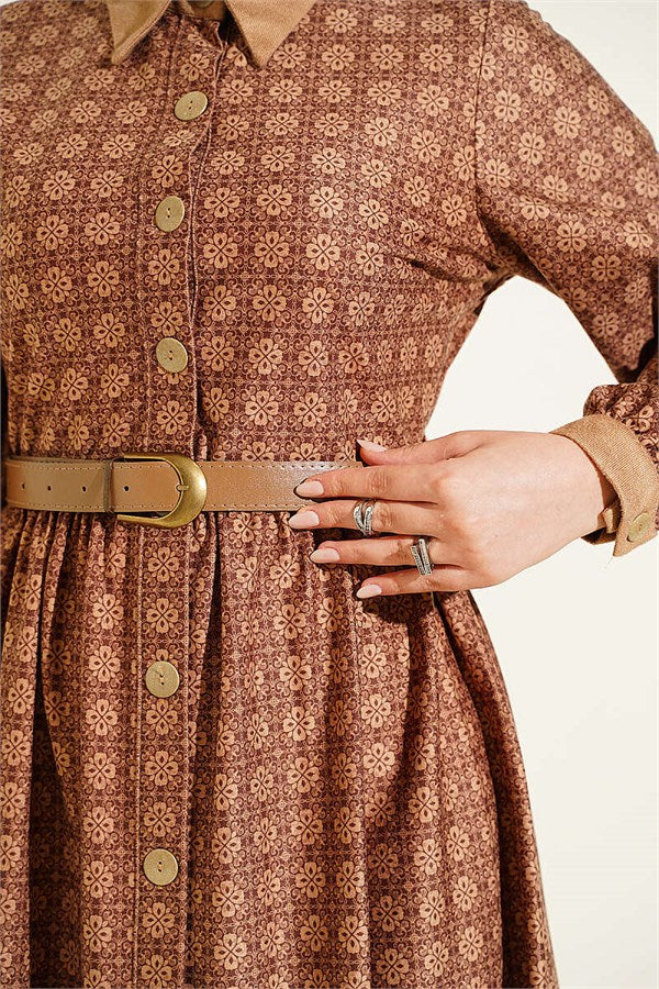 Full-Length Buttoned Retro Patterned Dress Latte