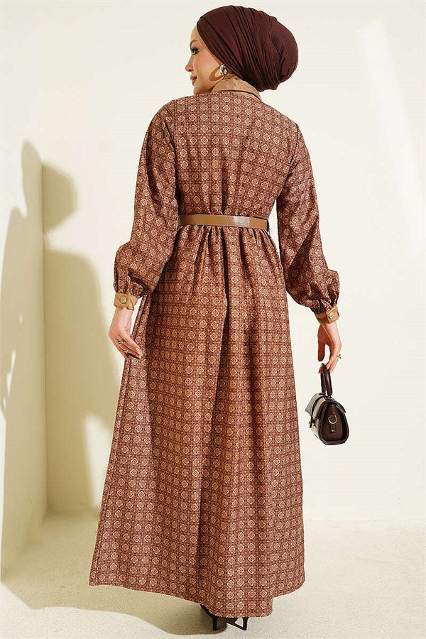 Full-Length Buttoned Retro Patterned Dress Latte