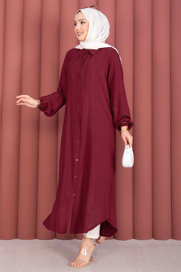 Button-Down Loose-Fitting Shirt Tunic, Burgundy