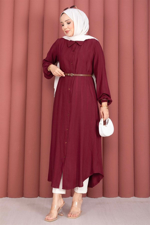 Button-Down Loose-Fitting Shirt Tunic, Burgundy