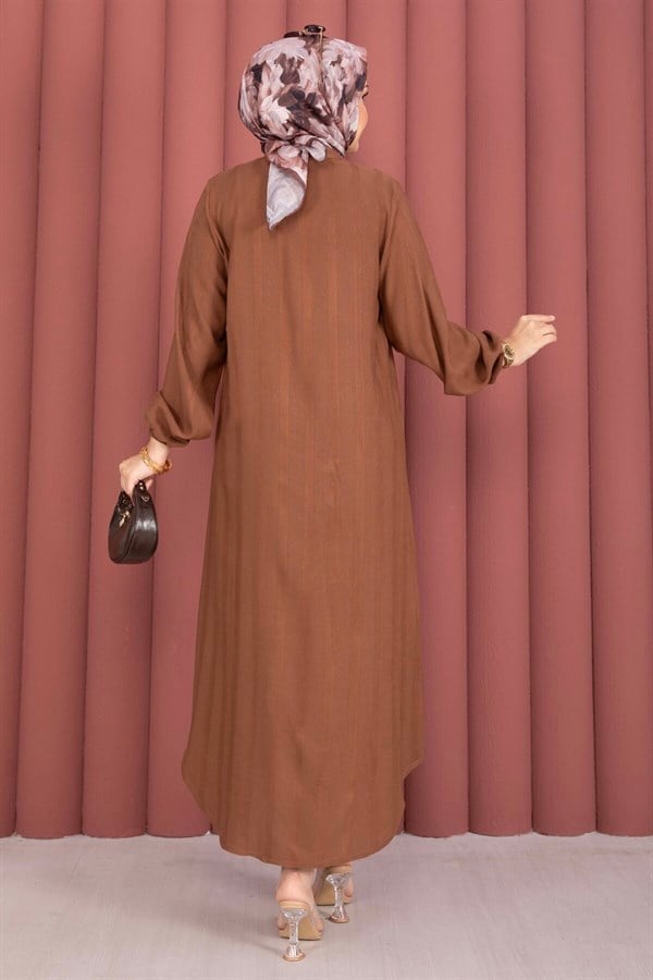 Button-Down Loose-Fitting Shirt Tunic, Brown