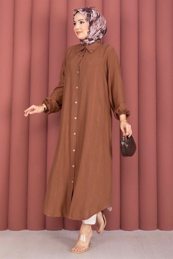 Button-Down Loose-Fitting Shirt Tunic, Brown