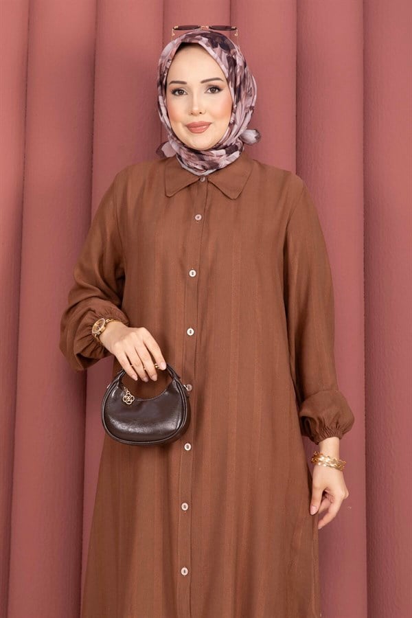 Button-Down Loose-Fitting Shirt Tunic, Brown