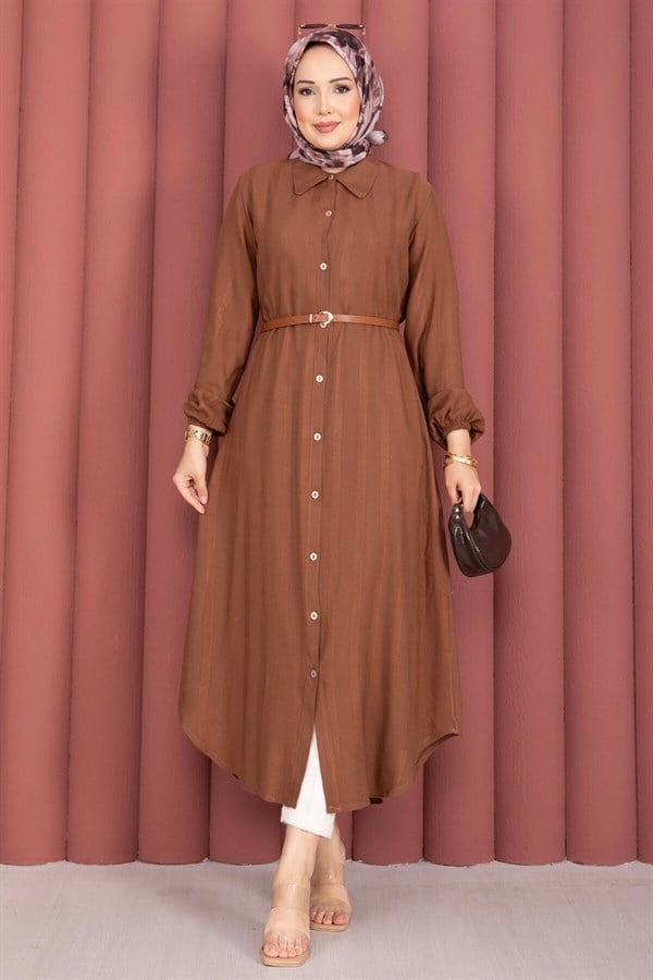 Button-Down Loose-Fitting Shirt Tunic, Brown