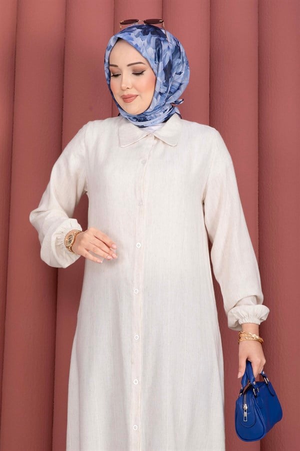 Button-Down Loose-Fitting Shirt Tunic, Cream