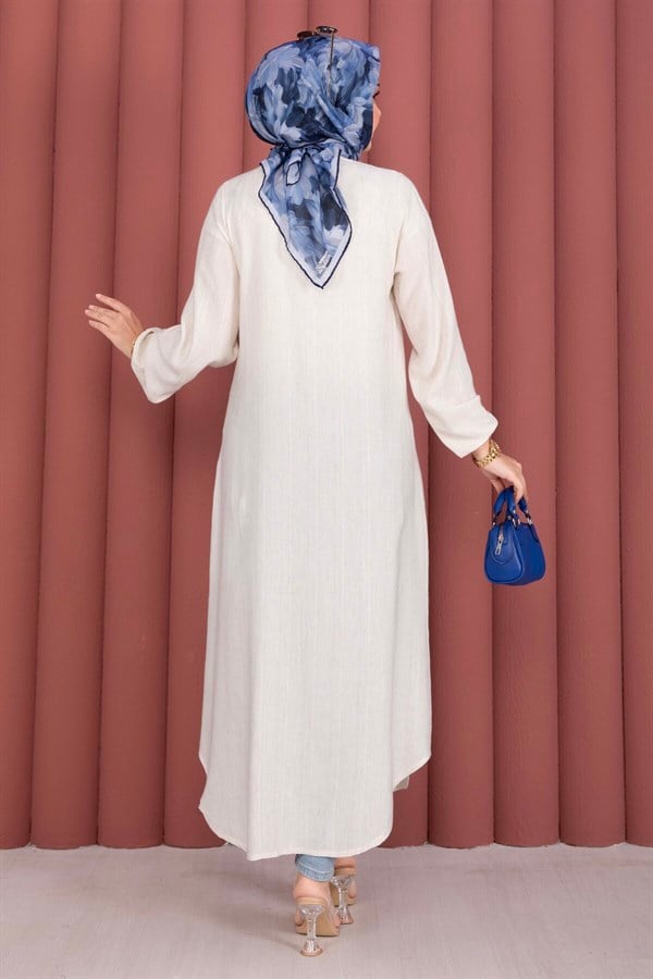 Button-Down Loose-Fitting Shirt Tunic, Cream