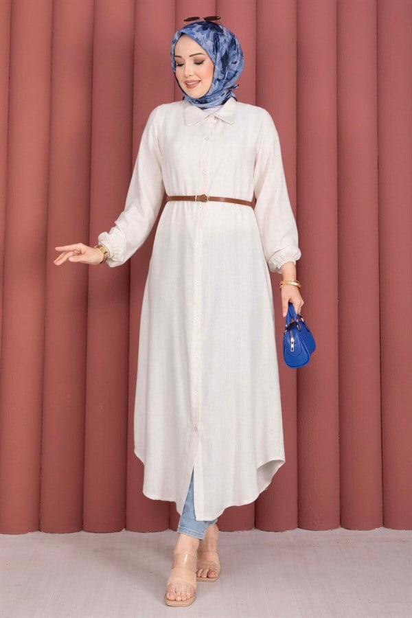Button-Down Loose-Fitting Shirt Tunic, Cream