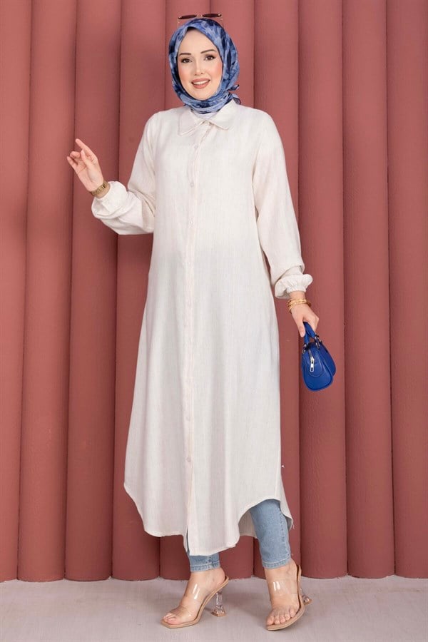 Button-Down Loose-Fitting Shirt Tunic, Cream