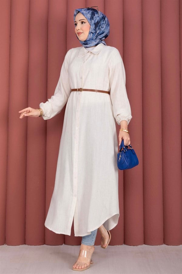 Button-Down Loose-Fitting Shirt Tunic, Cream