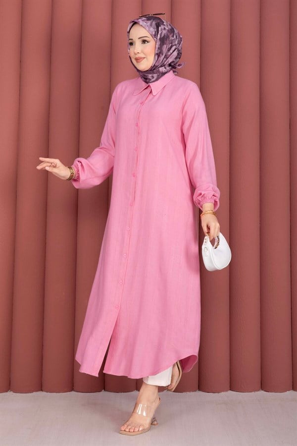 Button-Down Loose-Fitting Shirt Tunic Pink