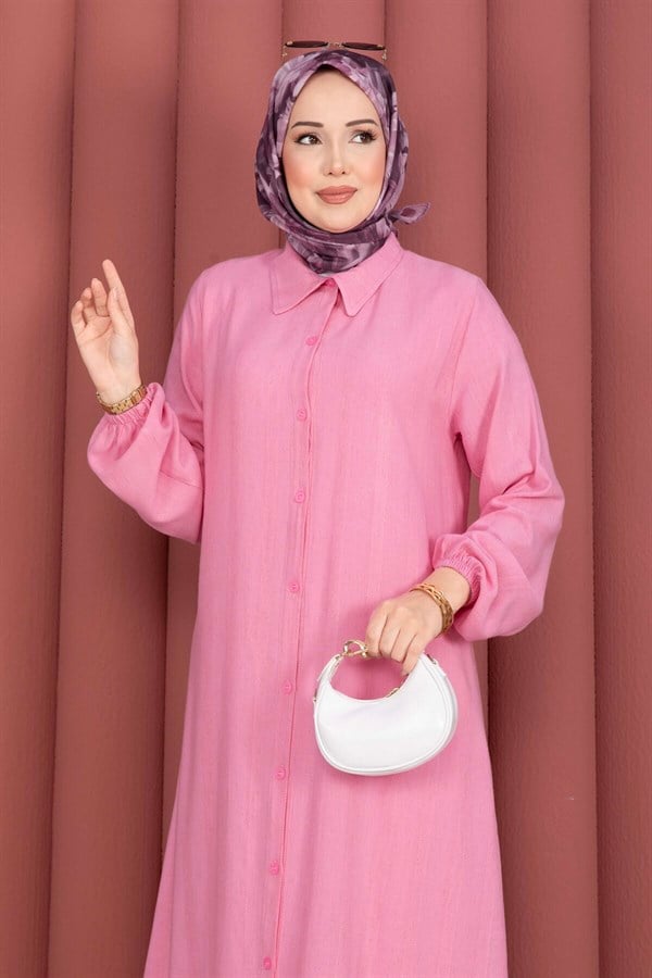 Button-Down Loose-Fitting Shirt Tunic Pink