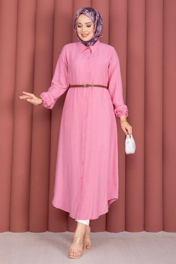 Button-Down Loose-Fitting Shirt Tunic Pink