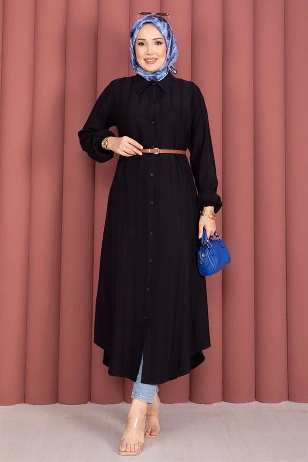 Button-Down Loose-Fitting Shirt Tunic, Black