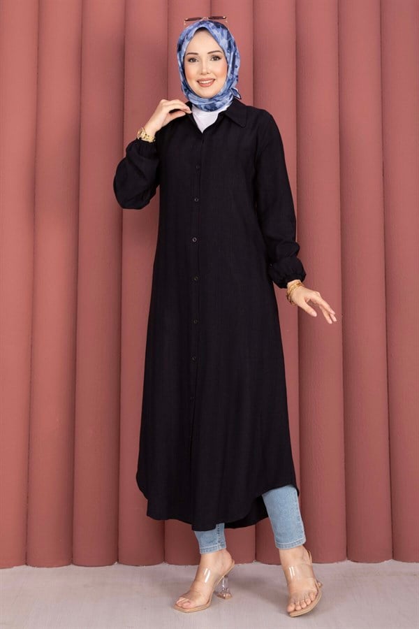 Button-Down Loose-Fitting Shirt Tunic, Black