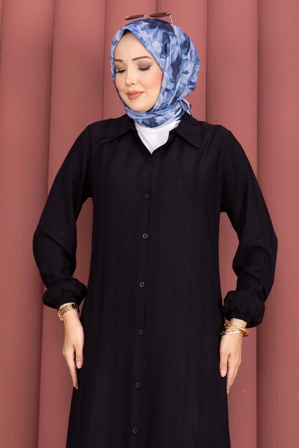Button-Down Loose-Fitting Shirt Tunic, Black