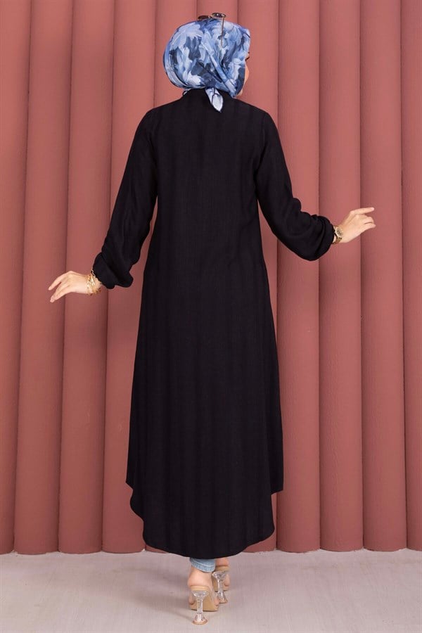 Button-Down Loose-Fitting Shirt Tunic, Black