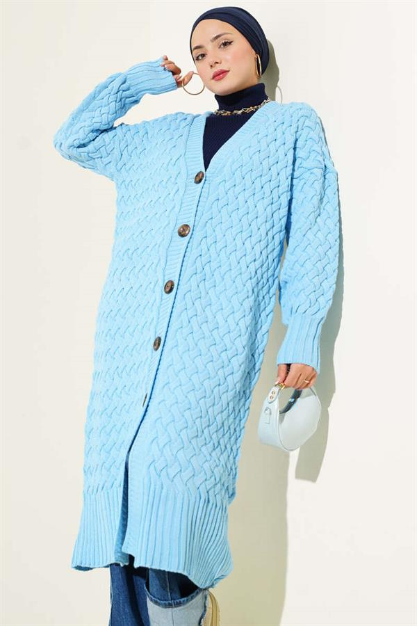 Basket Knit Long Cardigan with Buttons All the Way, Sky Blue