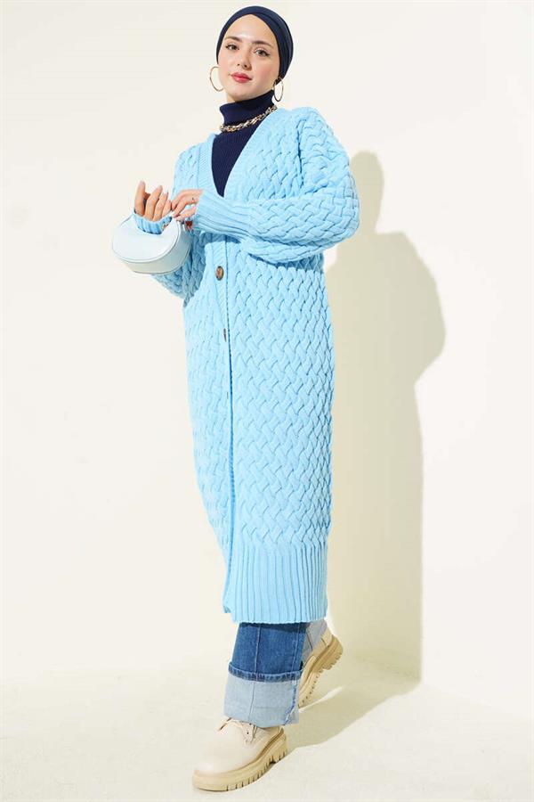 Basket Knit Long Cardigan with Buttons All the Way, Sky Blue