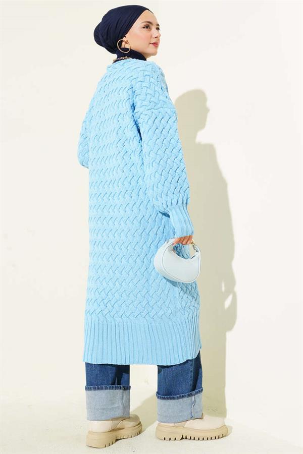 Basket Knit Long Cardigan with Buttons All the Way, Sky Blue