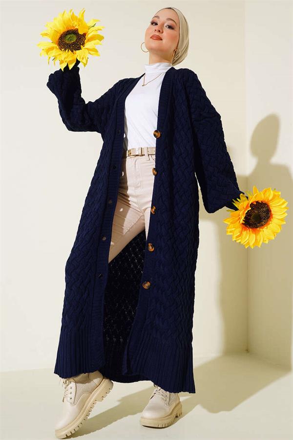 Basket Knit Long Cardigan with Buttons All the Way Around, Navy Blue