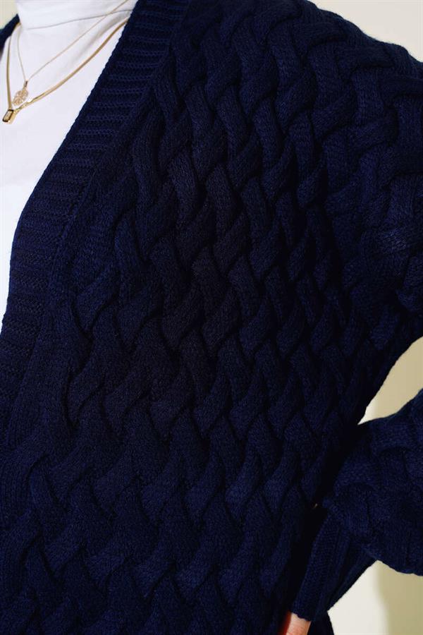 Basket Knit Long Cardigan with Buttons All the Way Around, Navy Blue