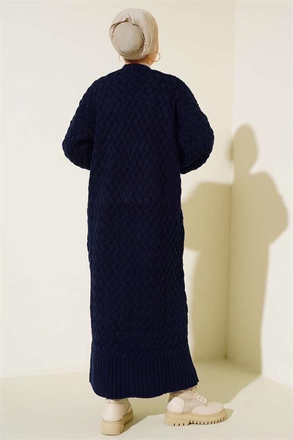 Basket Knit Long Cardigan with Buttons All the Way Around, Navy Blue