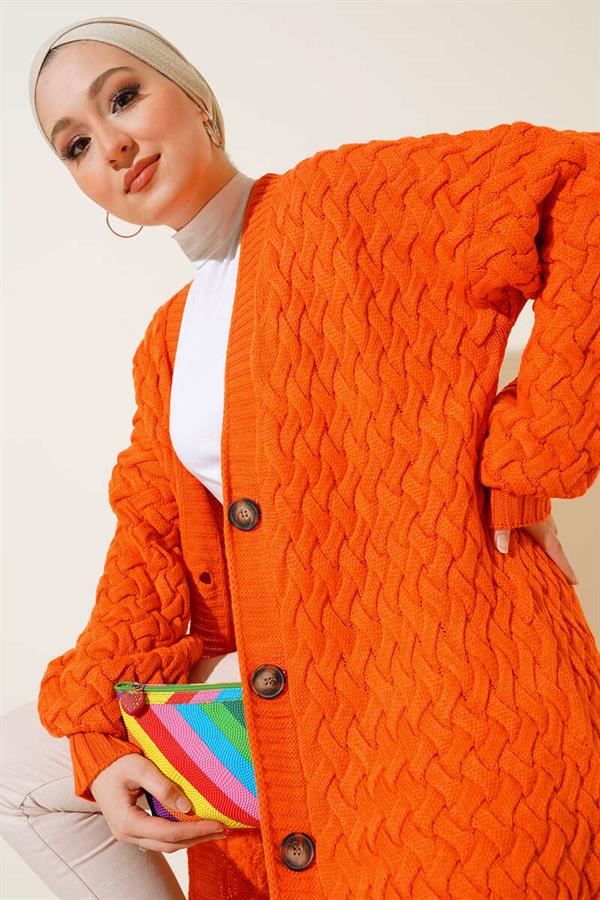 Basket Knit Long Cardigan with Buttons All Along Orange