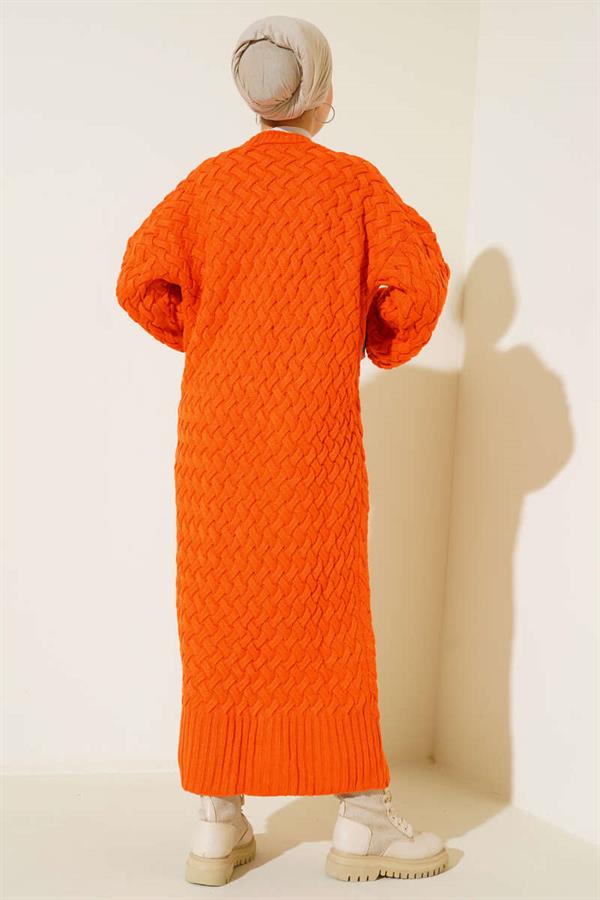 Basket Knit Long Cardigan with Buttons All Along Orange