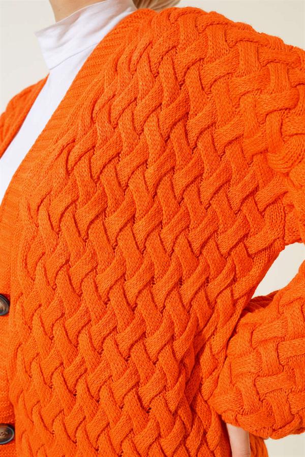 Basket Knit Long Cardigan with Buttons All Along Orange