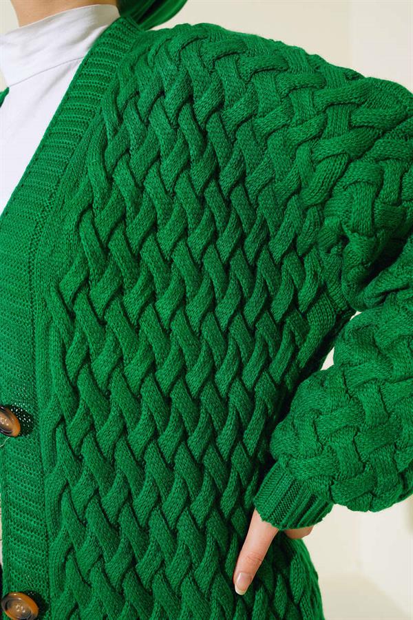 Basket Knit Long Cardigan with Buttons Down the Side Green