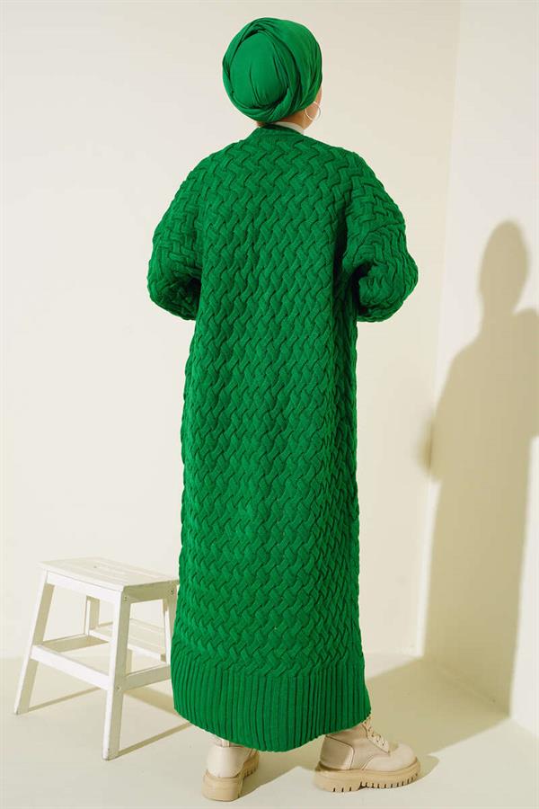 Basket Knit Long Cardigan with Buttons Down the Side Green