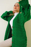 Basket Knit Long Cardigan with Buttons Down the Side Green
