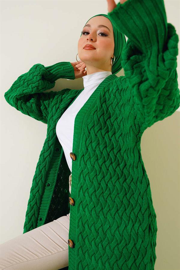 Basket Knit Long Cardigan with Buttons Down the Side Green