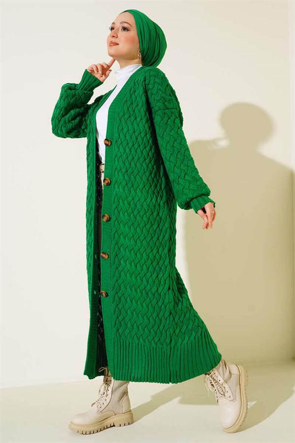 Basket Knit Long Cardigan with Buttons Down the Side Green