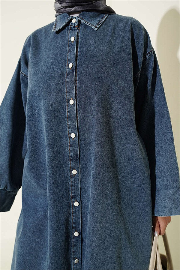 Button-Down Long Tunic in Denim Blue