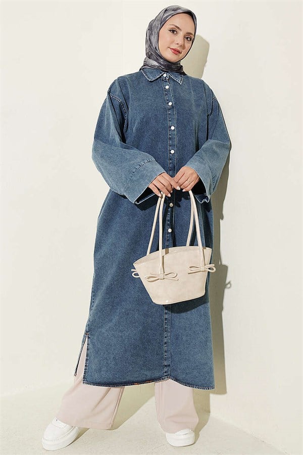 Button-Down Long Tunic in Denim Blue